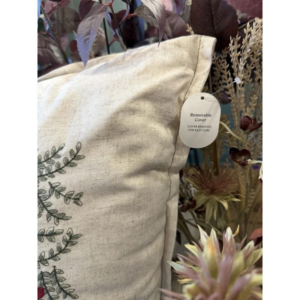 Natural Embroidered Green and Bows Pillow- 24 x 24